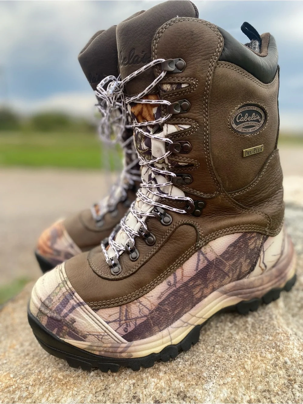 Cabela's Predator Extreme Pac Brown Leather and Camo Waterproof Hunting Boots